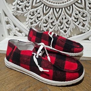 Flannel Red & Black Plaid Casual Shoes Loafers White Laces 39(8) NWT